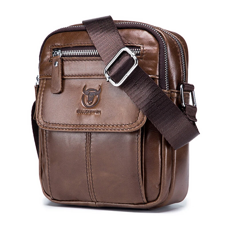 (image for) BULLCAPTAIN Men's Casual Shoulder Bag High Quality Business Messenger Bag Cowhide Leather Mini Pocket Large Capacity Bag for Men